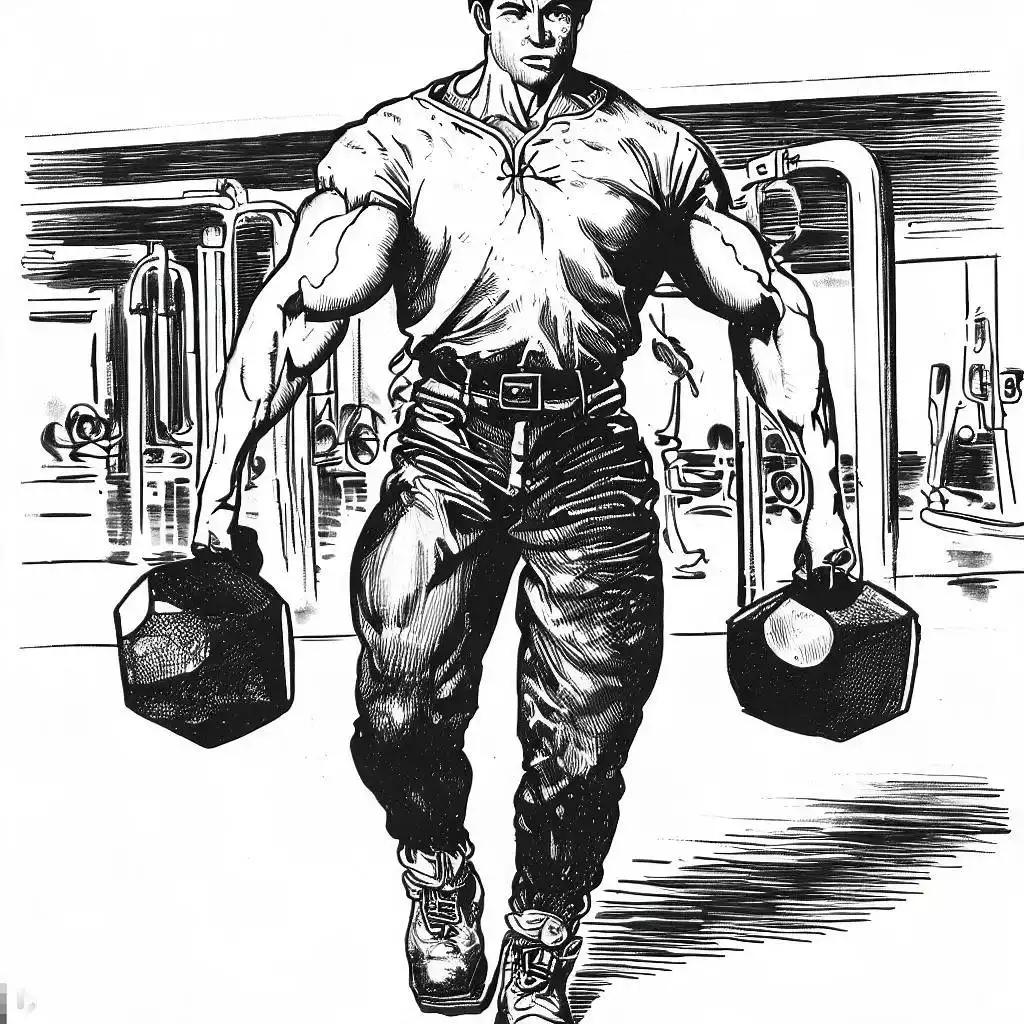 Illustration en noir et blanc : homme musclé qui fait la marche du fermier