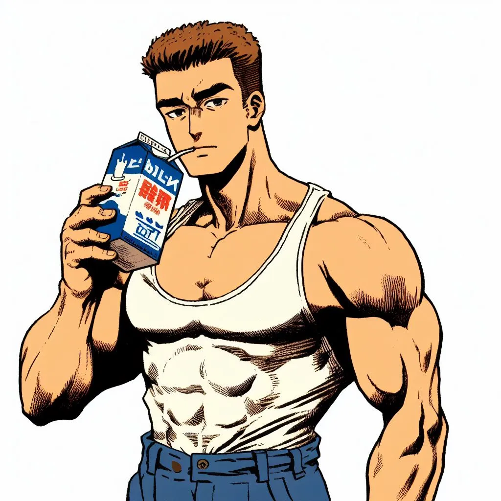 homme musclé en marcel qui boit une brique de lait