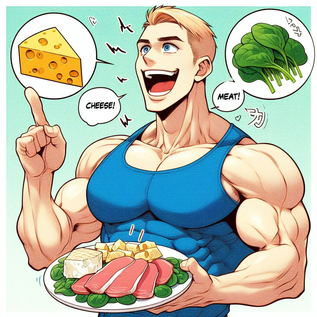 homme musclé avec un marcel qui mange du fromage et de la viande avec des épinards