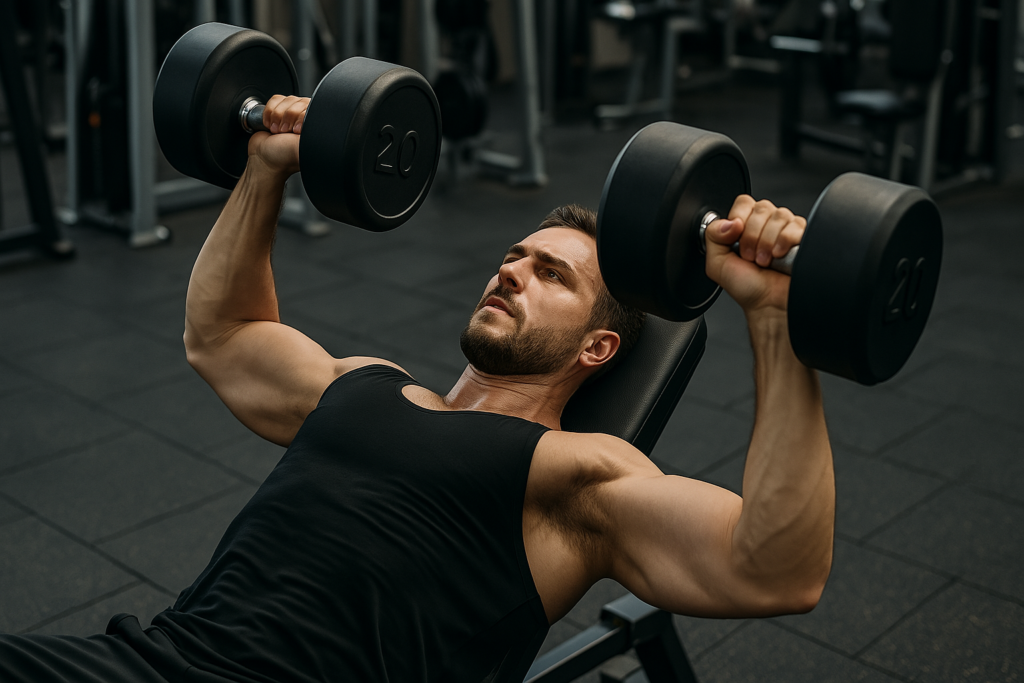 homme à la salle de musculation qui fait du développé incliné aux haltères